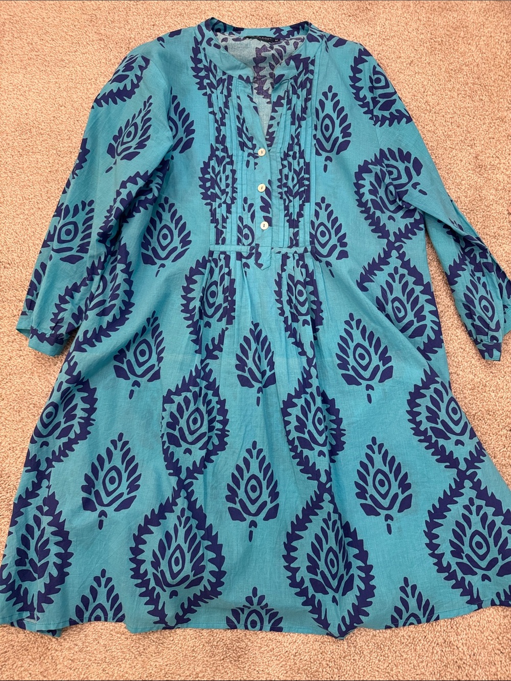 Blue Printed Midi Dress - Lightweight Casual Women's Dress